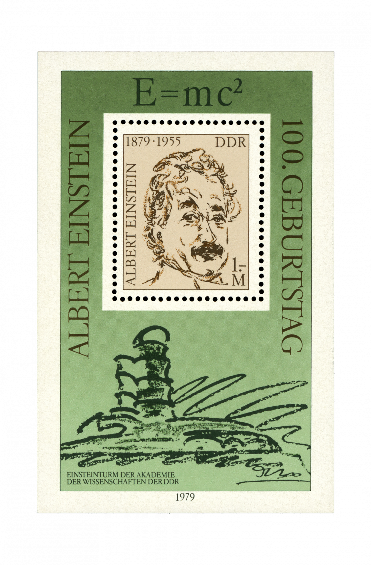 Briefmarke der DDR zu Ehren Albert Einsteins mit einer von Mendelsohns Skizzen zum Einsteinturm