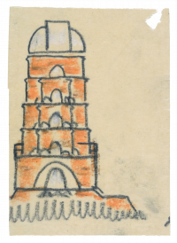 Potsdam, Einsteinturm, Variante Zeichnung (Graphit, roter Farbstift, weiß gehöht, auf Transparentpapier)