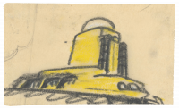 Einsteinturm, Observatorium und astrophysikalisches Institut. Skizze der Ansicht von Nordosten - Perspektivansicht (Bleistift, gelbe und weiße Kreide auf Transparentpapier)