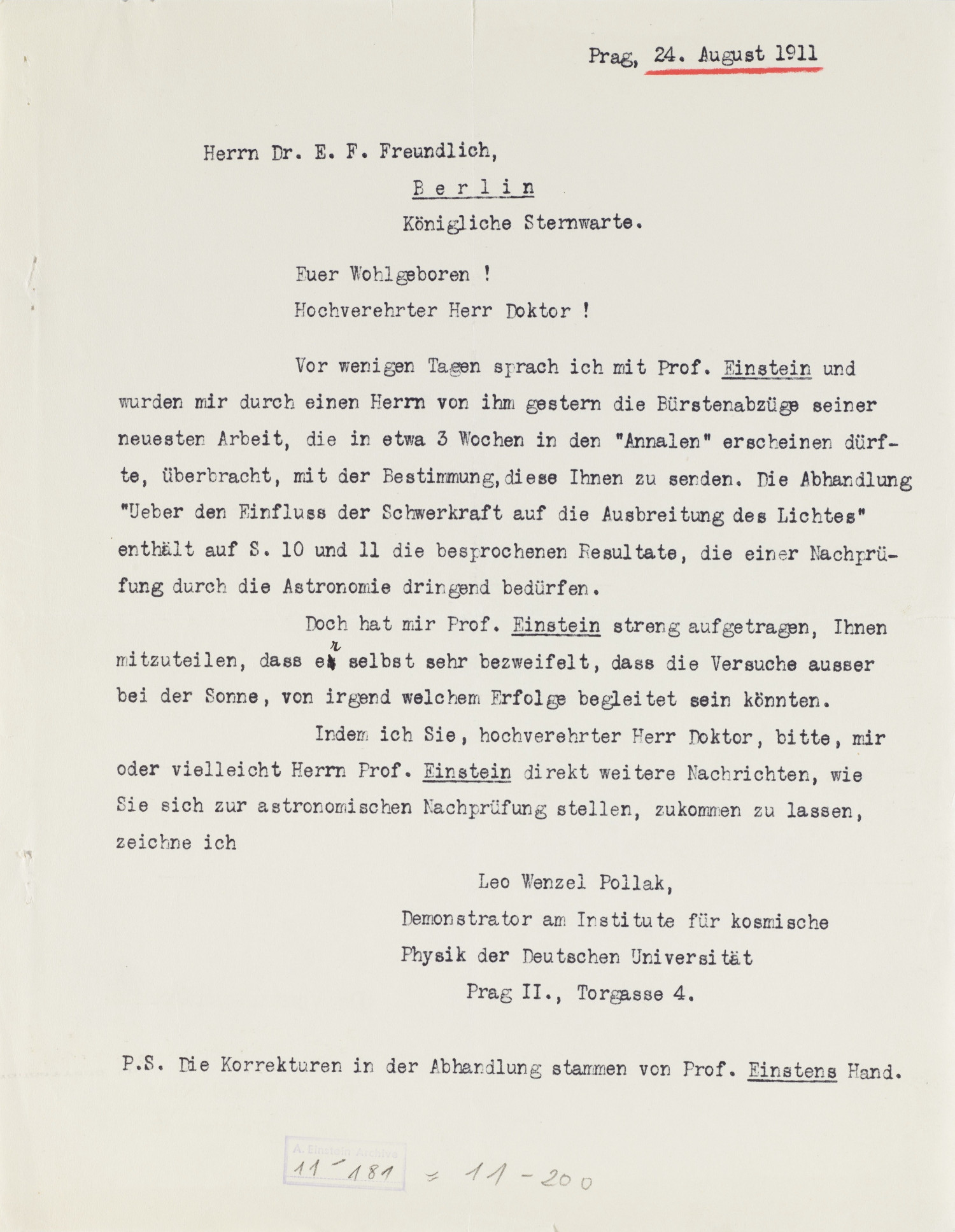 Brief von Pollak an Freundlich 1911