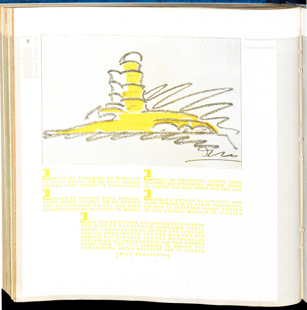 Seite aus Wendingen mit gelb kolorierter Skizze des Einsteinturms